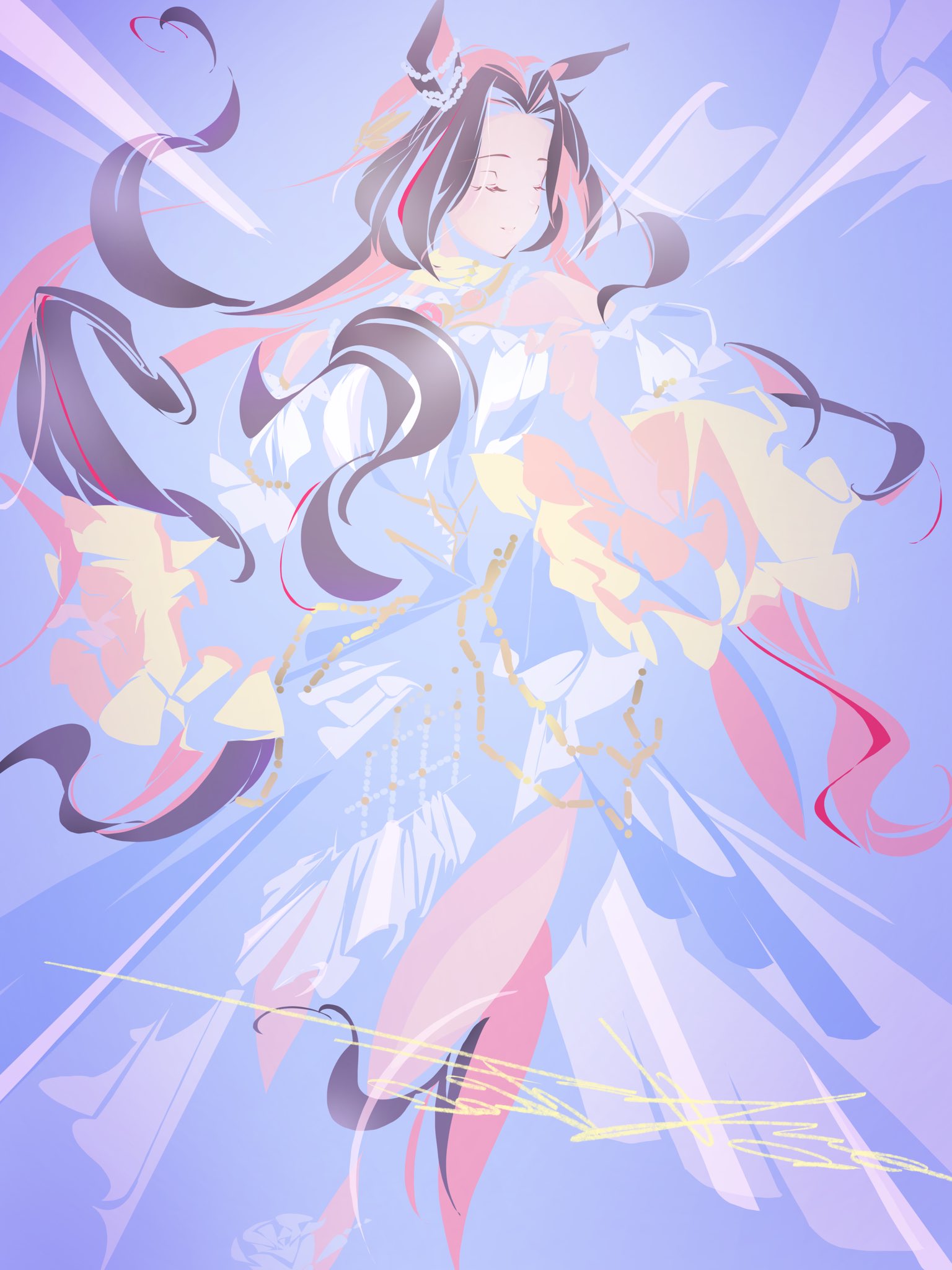 1girl, animal_ears, bare_shoulders, breasts, brown_hair, closed_eyes, closed_mouth, dress