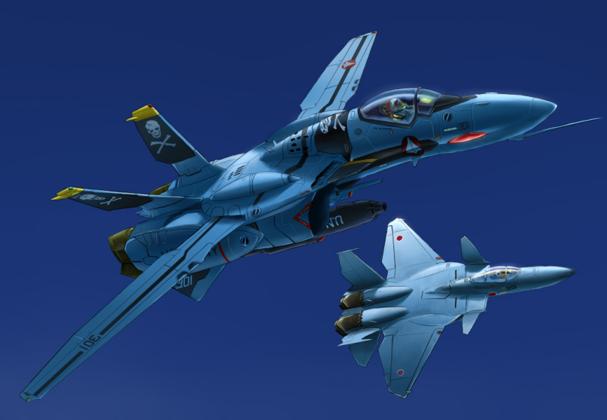canards, crossover, f-15, f-15_eagle_active, f-15_eagle_plus, fighter_jet, flying, gunpod, helmet, inui_(jt1116), inui_(pixiv), japan, jet, kidou_keisatsu_patlabor, kudou_shin, macross, macross_zero, mecha, patlabor, pilot_suit, roy_focker, science_fiction, skull_and_crossbones, u.n._spacy, vf-0