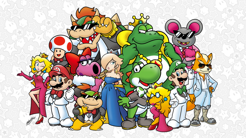 3girls, 6+boys, absurdres, adjusting_eyewear, animal_ears, armlet, birdo, blonde_hair