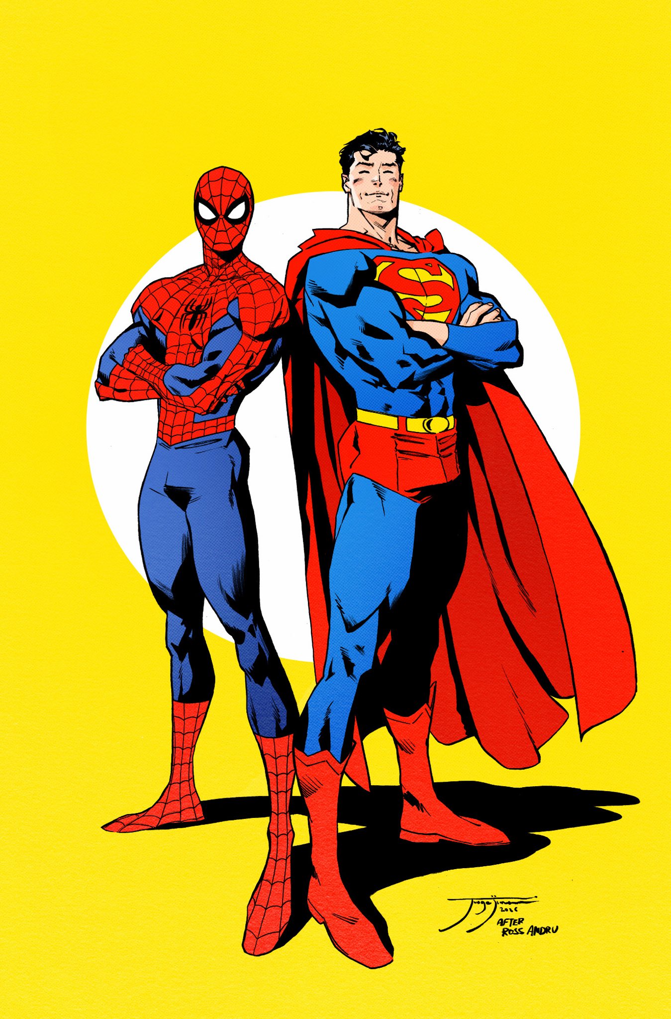 2boys, animal_print, blue_bodysuit, bodysuit, cape, commentary, crossover, dc_comics