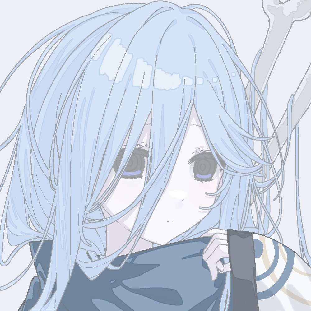 1girl, adjusting_scarf, aoba_kira, blue_eyes, blue_hair, blue_scarf, bone, closed_mouth, commentary, enpera, expressionless, hair_between_eyes, hair_flowing_over, hand_up, long_hair, long_sleeves, mahou_shoujo_no_inshuu_mura, messy_hair, oblivion_tvt, portrait, ringed_eyes, scarf, simple_background, sleeves_past_wrists, solo, untranslatable_commentary, white_background