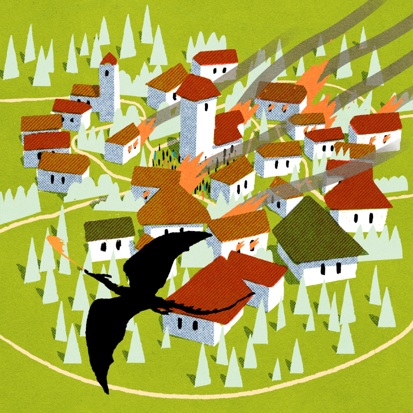 bird's_eye_view, breath_weapon, breathing_fire, building, day, destruction, dragon, fire