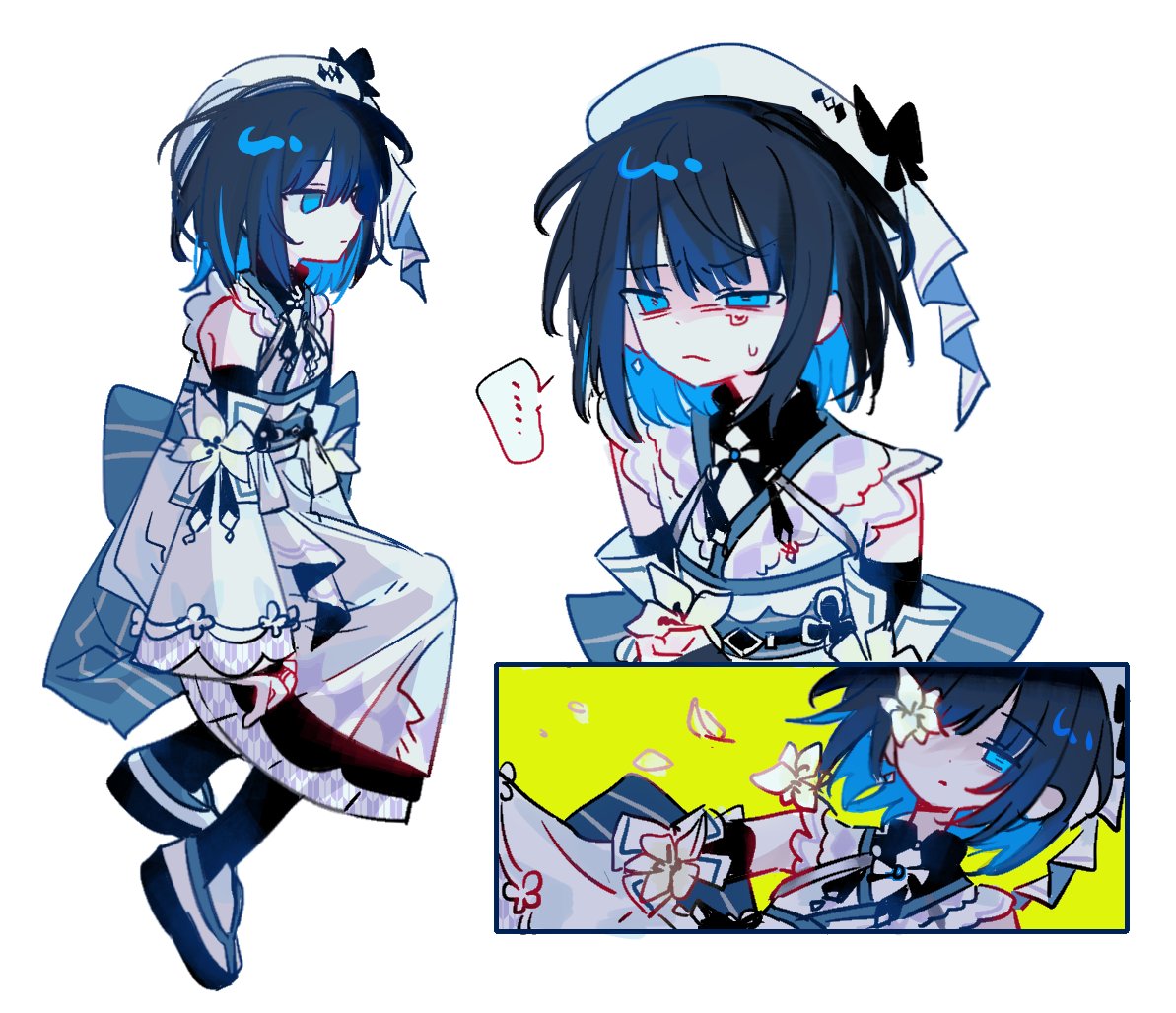1girl, beret, black_hair, blue_eyes, blue_hair, colored_inner_hair, crying, crying_with_eyes_open