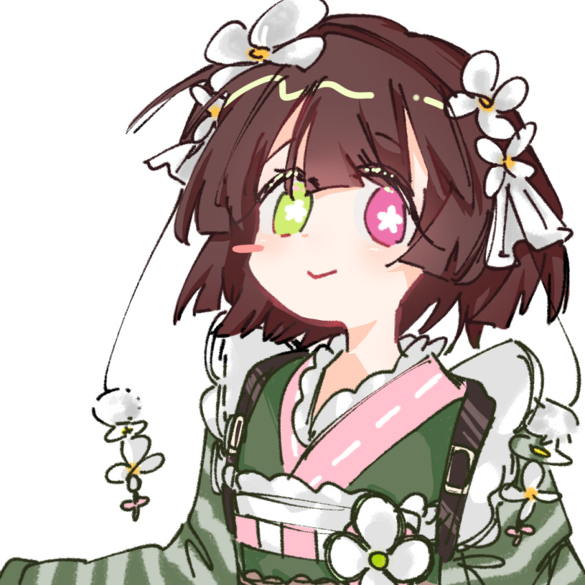 1girl, awawa_yumemi, blush_stickers, flower, flower-shaped_pupils, green_eyes, green_kimono, hair_flower, hair_ornament, japanese_clothes, kimono, looking_at_viewer, mahou_shoujo_no_inshuu_mura, maid, pink_eyes, short_hair, simple_background, single_blush_sticker, smile, solo, symbol-shaped_pupils, upper_body, w2enu, wa_maid, white_background, white_flower