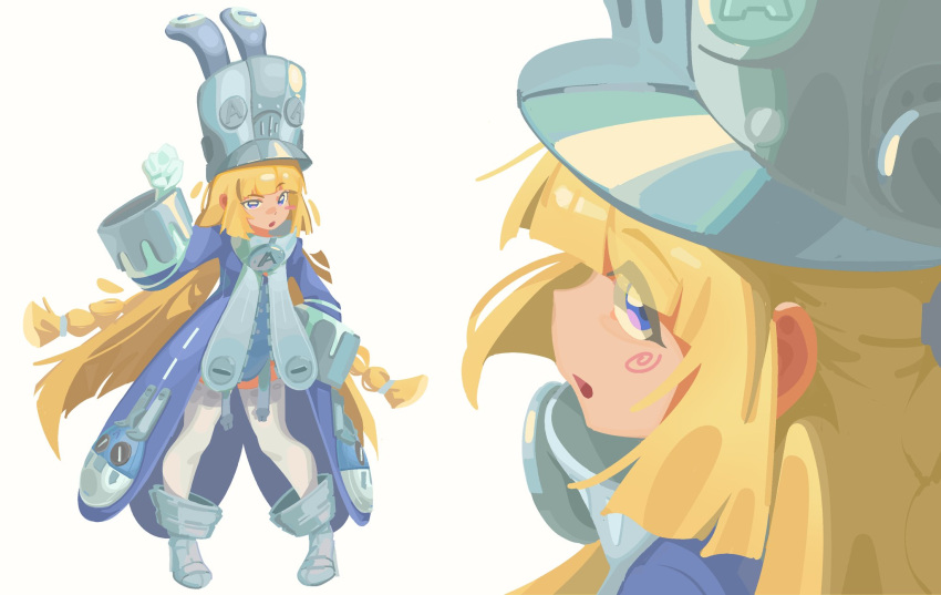 1girl, 666hidemoonbird, blonde_hair, boots, braid, commentary, full_body, grey_boots, grey_hat, hat, highres, large_hat, long_hair, looking_at_viewer, multiple_views, norma_(zenless_zone_zero), simple_background, thigh-highs, violet_eyes, white_background, white_thighhighs, zenless_zone_zero