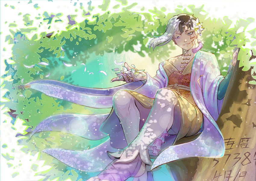 1boy, asagiri_gen, black_hair, commentary, dappled_sunlight, dr._stone, earrings, english_commentary, flower, hair_flower, hair_ornament, holding, holding_flower, in_tree, japanese_clothes, jewelry, looking_at_viewer, male_focus, multicolored_hair, nixvintro, outdoors, pants, petals, short_hair, sitting, sitting_in_tree, smile, solo, split-color_hair, sunlight, tree, two-tone_hair, violet_eyes, white_flower, white_hair, white_pants