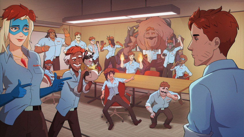 5girls, 6+boys, amulet, annoyed, bat_boy, beef_(dispatch), belt, black_hair