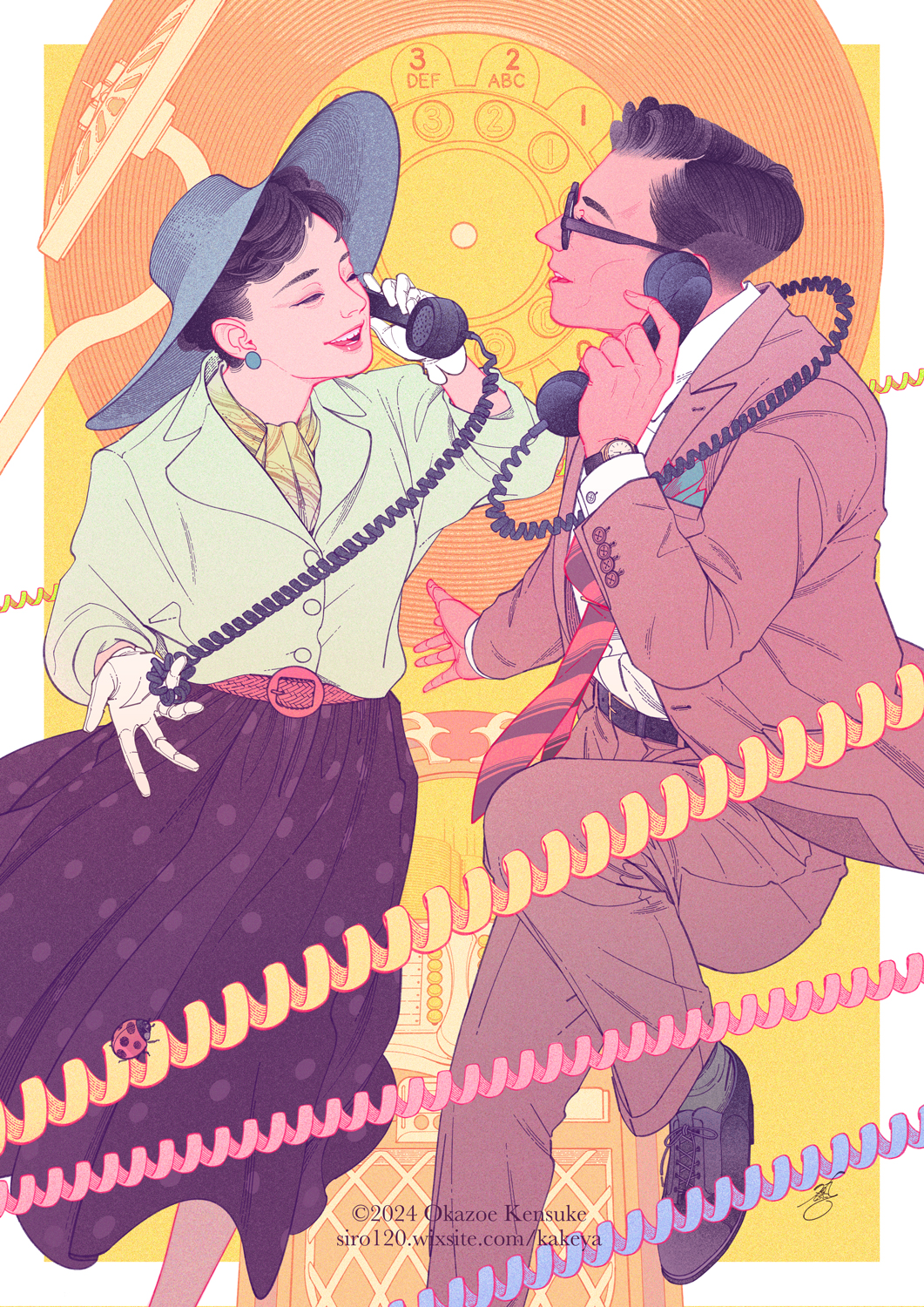 1boy, 1girl, animal, antique_phone, artist_name, ascot, belt, black_belt