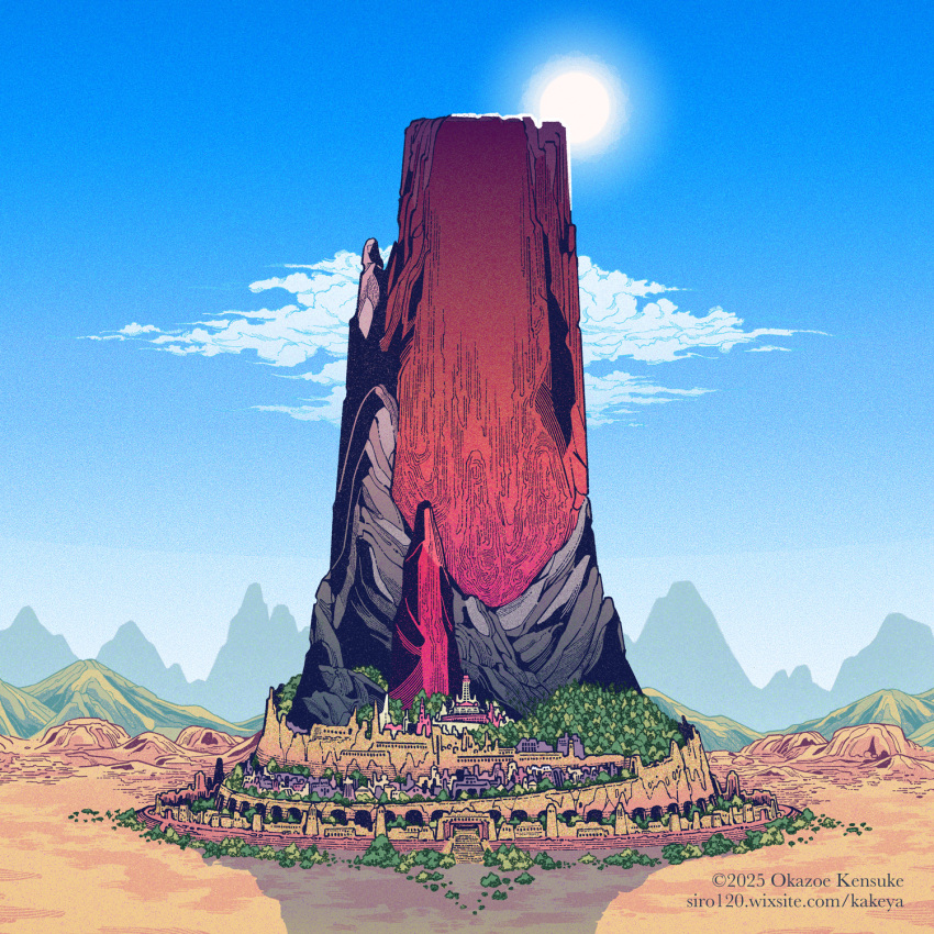 artist_name, blue_sky, city, clouds, commentary_request, copyright_request, day, defensive_wall, desert, english_commentary, grand_scale, highres, landscape, mixed-language_commentary, mountain, mountainous_horizon, no_humans, original, outdoors, scenery, shiroiinu, sky, sun