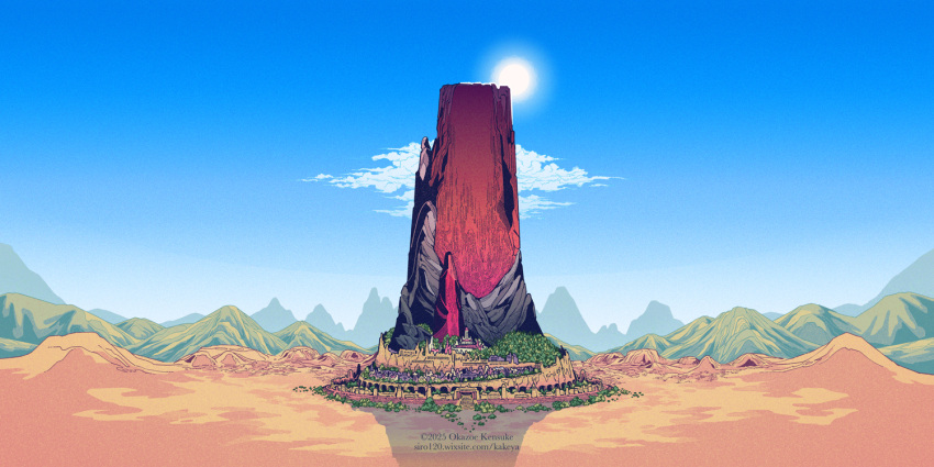 artist_name, blue_sky, city, clouds, commentary_request, copyright_request, day, defensive_wall, desert, english_commentary, grand_scale, landscape, mixed-language_commentary, mountain, mountainous_horizon, no_humans, original, outdoors, scenery, shiroiinu, sky, sun