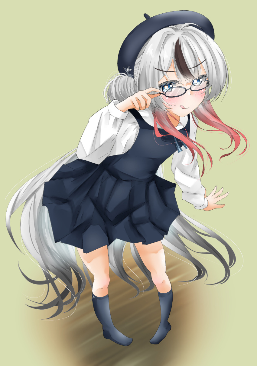 1girl, :q, absurdres, azur_lane, beret, black-framed_eyewear, black_dress, black_hair, black_socks, blue_eyes, blush, commentary_request, dress, full_body, glasses, gradient_hair, green_background, hat, highres, l'indomptable_(azur_lane), l'indomptable_(the_covert_eavesdropper!)_(azur_lane), long_hair, long_sleeves, looking_at_viewer, multicolored_hair, official_alternate_costume, rainbowbird, red_hair, simple_background, socks, solo, standing, tongue, tongue_out, very_long_hair, white_hair