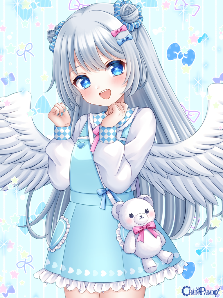+_+, angel_wings, araragi_ran, blue_background, blue_dress, blue_eyes, blue_nails, bow