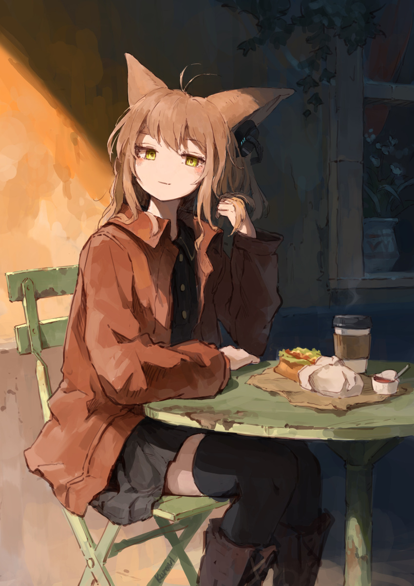 1girl, absurdres, animal_ears, antenna_hair, arm_on_table, black_dress, black_thighhighs, blonde_hair, boots, brown_boots, brown_hair, cat_ears, cat_girl, chair, cup, disposable_coffee_cup, disposable_cup, dress, food, hand_up, headphones, highres, jacket, light_blush, light_smile, long_sleeves, looking_at_viewer, medium_hair, open_clothes, open_jacket, original, plant, potted_plant, ram-a, red_jacket, shade, solo, table, thigh-highs, window, zettai_ryouiki