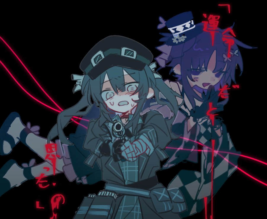 2girls, aiming, aiming_at_viewer, bandaged_arm, bandages, behind_another, belt, belt_pouch