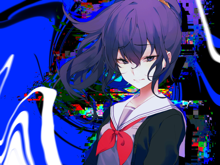 1girl, abstract_background, asahina_mafuyu, black_cardigan, breasts, cardigan, chicashidaxianyu, commentary