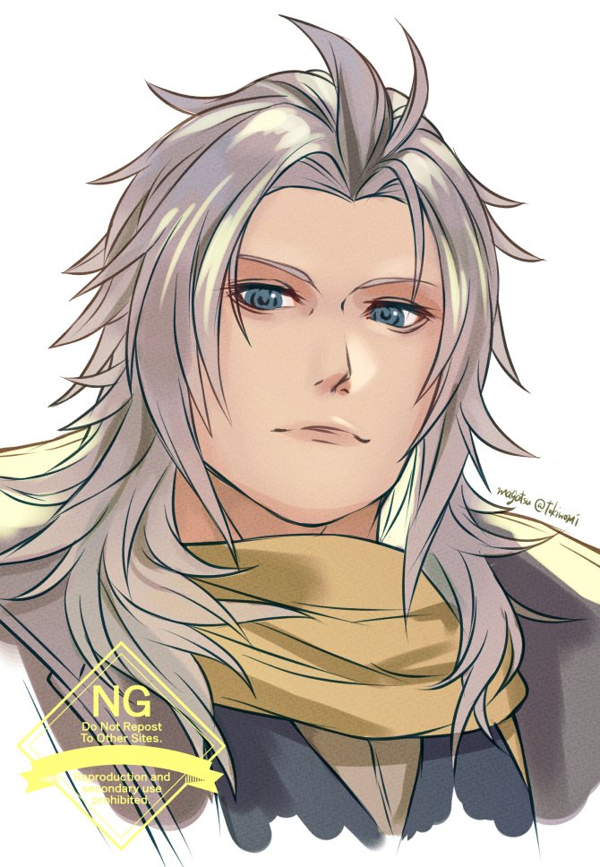 1boy, black_vest, blue_eyes, closed_mouth, coat, commentary_request, denka_(cloudy-gray), dissidia_duellum_final_fantasy, dissidia_final_fantasy, final_fantasy, final_fantasy_i, grey_coat, grey_hair, grey_shirt, looking_at_viewer, male_focus, medium_hair, official_alternate_costume, parted_bangs, portrait, scarf, shirt, solo, twitter_username, vest, warrior_of_light_(ff1), warrior_of_light_(twilight_overcoat)_(ff1), white_background, yellow_scarf