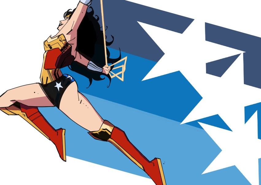 1girl, anakoly1, black_hair, bracer, dc_comics, gold_bracer, gold_tiara, highres, holding_lasso, lasso, lasso_of_truth, long_hair, solo, superhero_costume, tiara, wonder_woman, wonder_woman_(series)