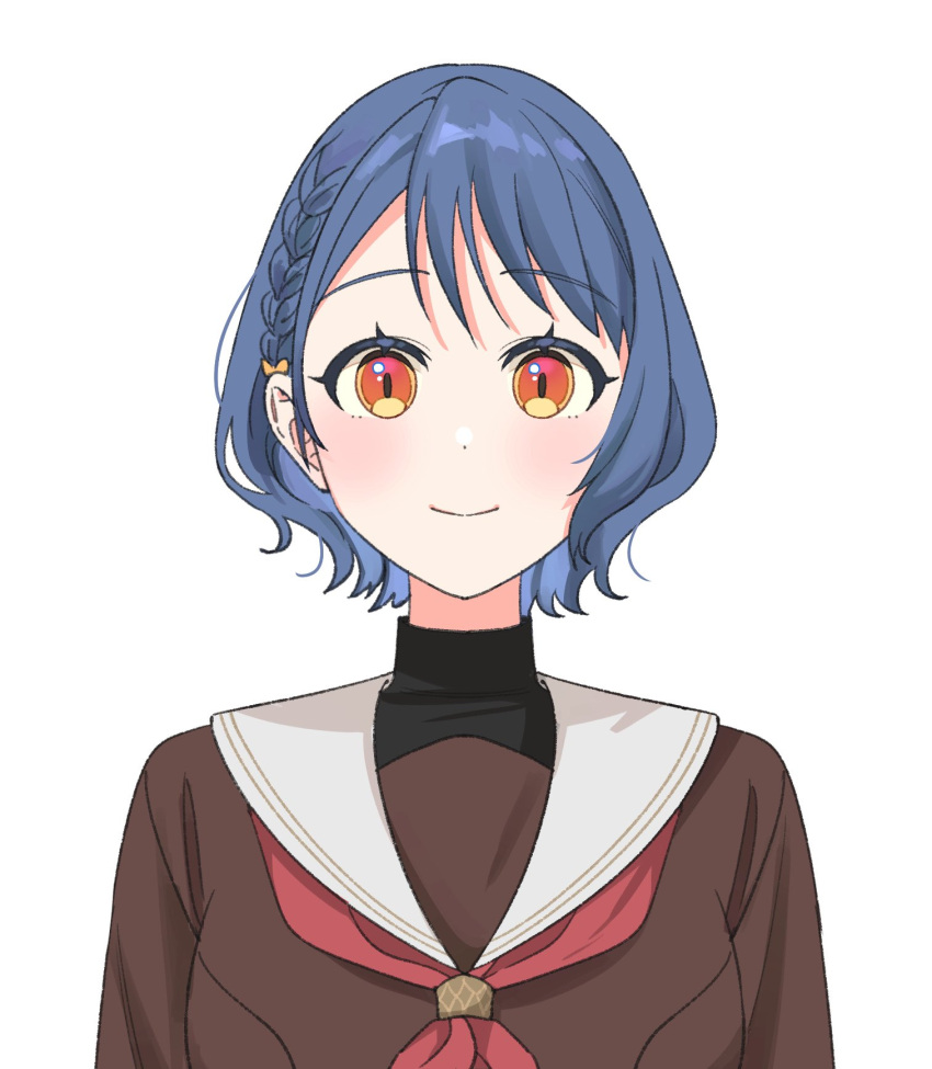 1girl, black_shirt, blue_hair, braid, brown_dress, closed_mouth, commentary_request, dress