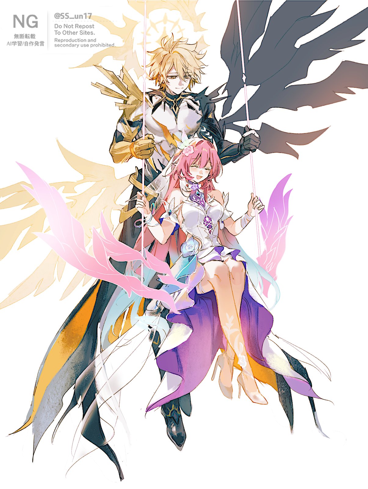 1boy, 1girl, aqua_hair, asymmetrical_wings, black_wings, blonde_hair, breasts, bridal_veil