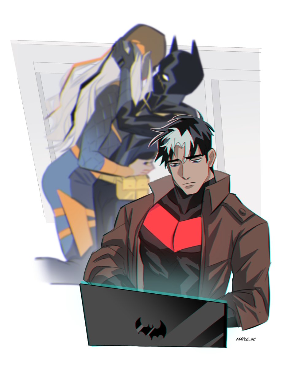 1boy, 2girls, arms_up, artist_name, batgirl, batman_(series), belt, black_hair