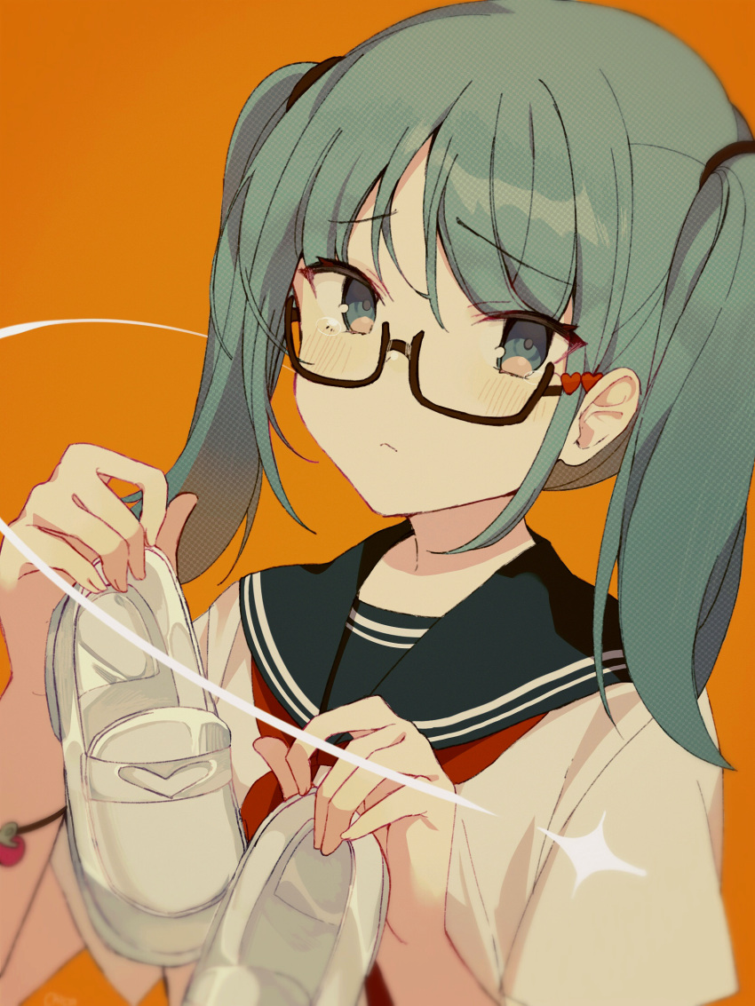 1girl, :<, aqua_eyes, aqua_sailor_collar, black-framed_eyewear, blush, bracelet, chicashidaxianyu
