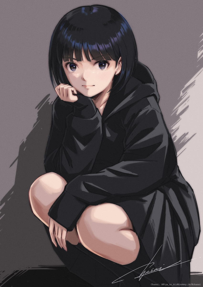 1girl, absurdres, artist_name, black_eyes, black_hair, black_hoodie, black_skirt, black_socks