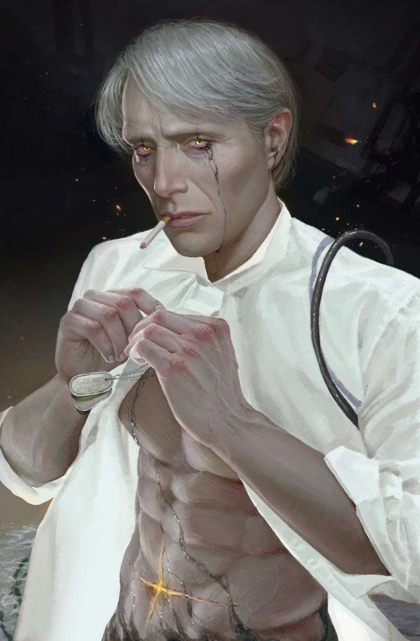 1boy, abs, bwksfzlqtf5hjx4, cigarette, collared_shirt, death_stranding, grey_hair, highres