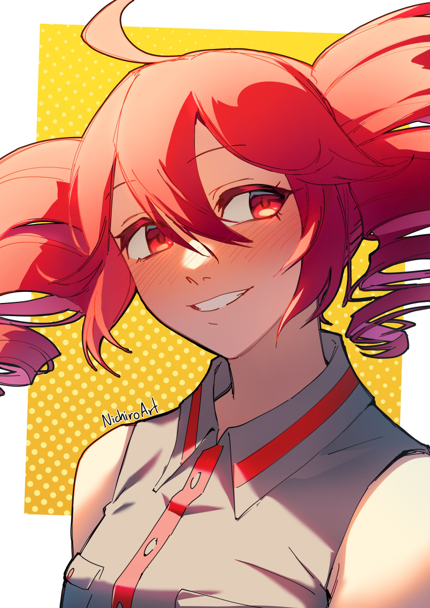 1girl, absurdres, ahoge, bare_shoulders, blush, breast_pocket, buttons, commentary, dotted_background, drill_hair, grey_shirt, hair_between_eyes, high_collar, highres, kasane_teto, kasane_teto_(utau), looking_at_viewer, looking_to_the_side, nichiroart, nose_blush, parted_lips, pocket, portrait, red_eyes, red_hair, shirt, short_hair, sleeveless, sleeveless_shirt, smile, solo, teeth, twin_drills, utau, white_background, yellow_background
