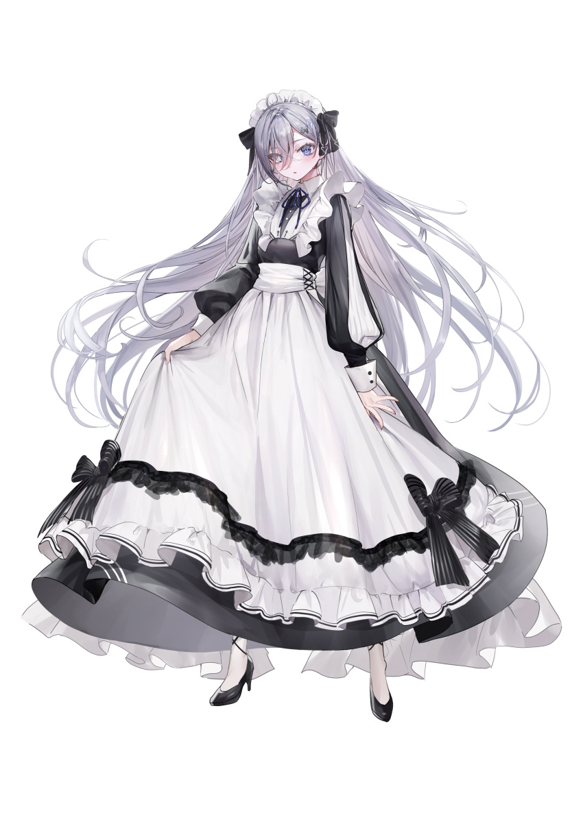 1girl, absurdres, ahoge, ankle_garter, apron, bare_arms, bare_legs, bare_shoulders