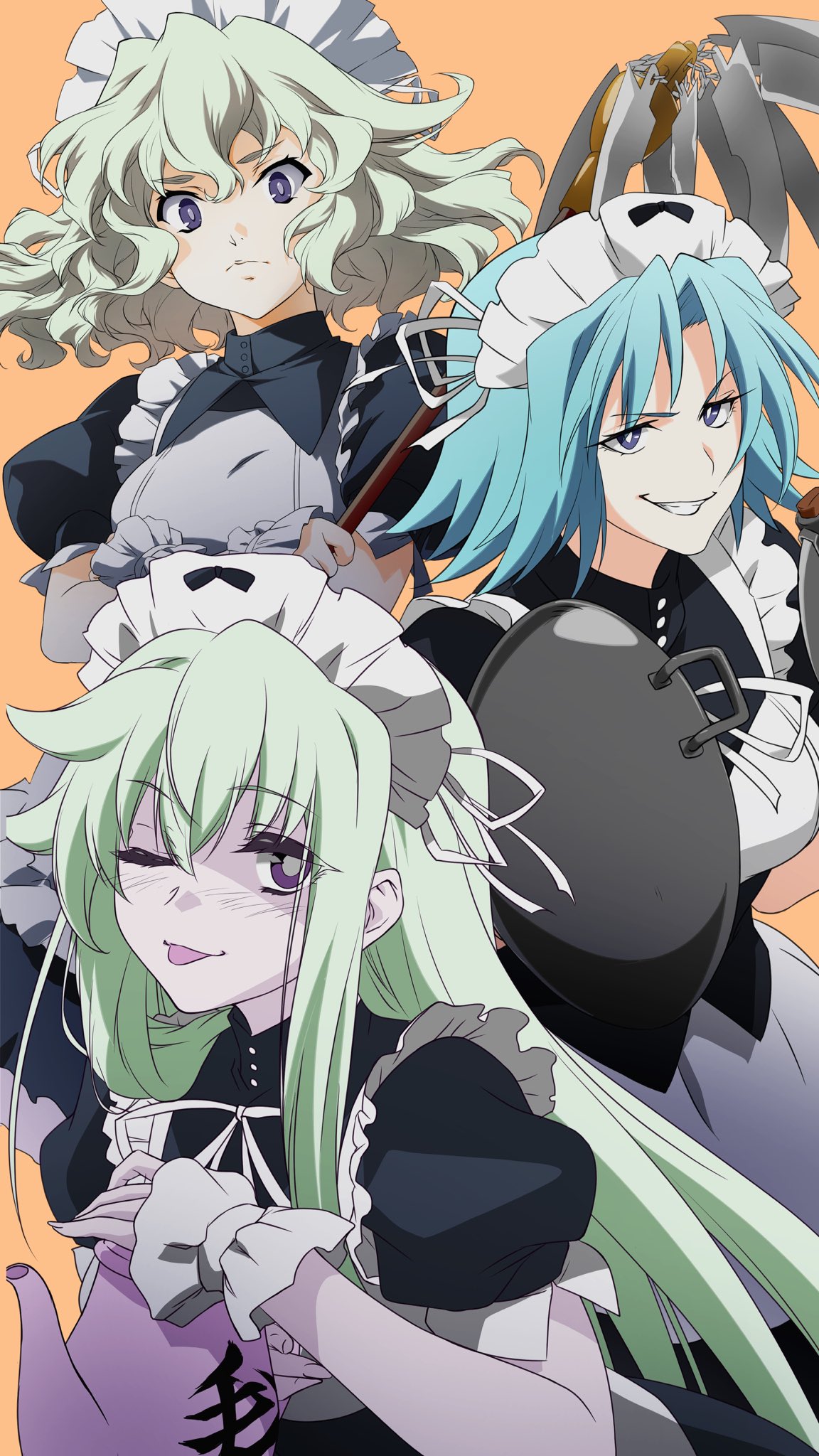 3girls, ;p, apron, aqua_hair, black_dress, black_eyes, blue_eyes, closed_mouth
