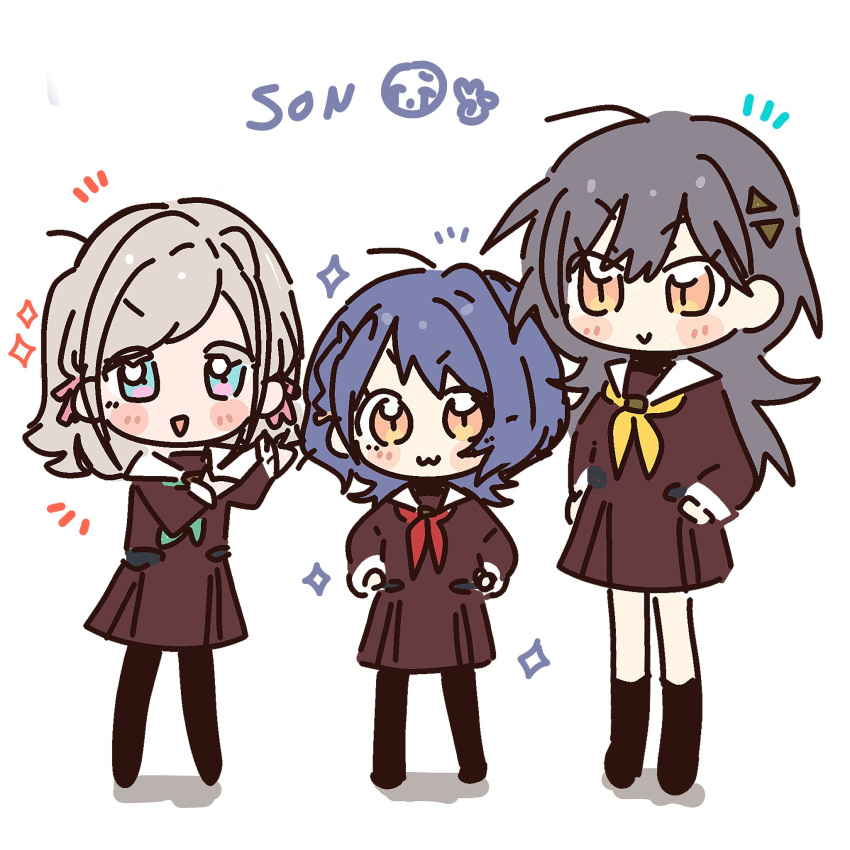 3girls, :3, :d, aqua_neckerchief, black_pantyhose, blue_hair, blush, brown_dress