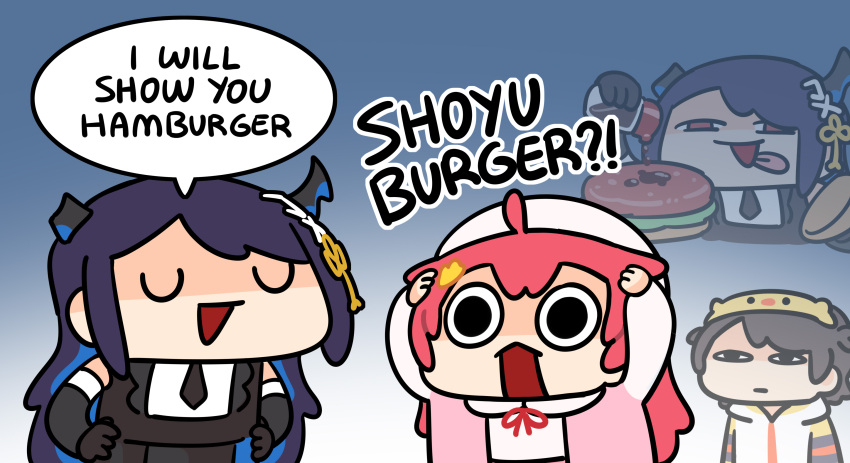 3girls, absurdres, ahoge, arms_up, asymmetrical_horns, beret, black_hair, brown_hair