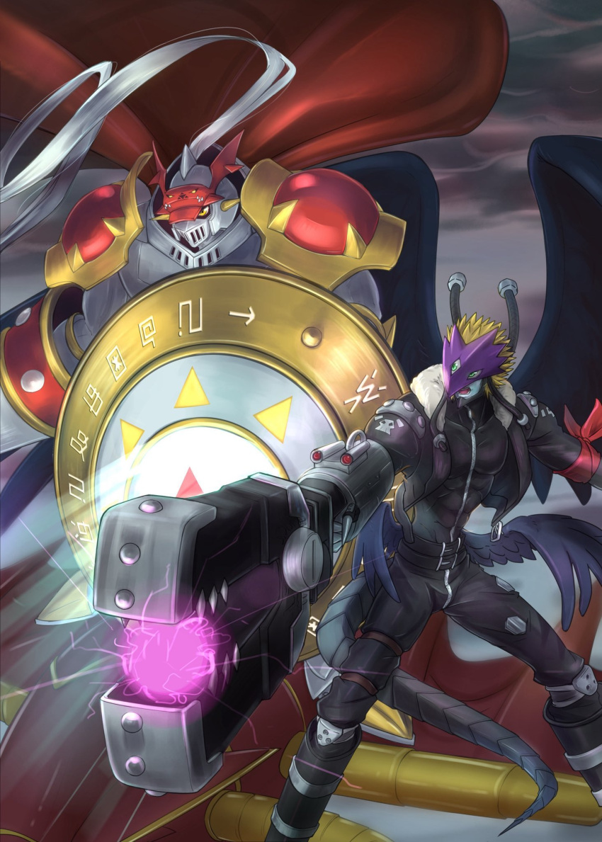 2boys, arm_cannon, armor, asymmetrical_dual_wielding, beelzebumon, beelzebumon_blast_mode, black_jacket, black_pants