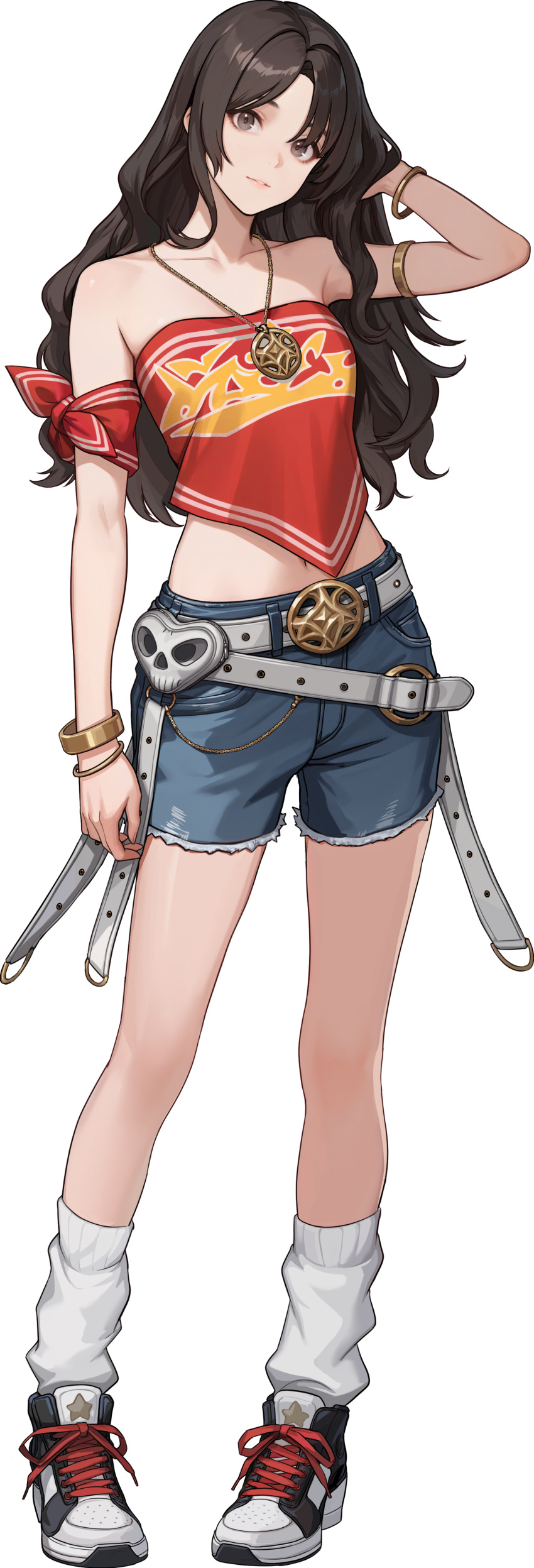 1girl, absurdres, alternate_hair_color, armlet, bandana, bandana_around_arm, bare_shoulders, belt, black_shoes, blue_shorts, bracelet, brown_eyes, brown_hair, denim, denim_shorts, full_body, gold_armlet, gold_bracelet, highres, jewelry, long_hair, looking_at_viewer, multicolored_shoes, necklace, official_alternate_costume, official_art, red_bandana, red_shirt, shirt, shoes, short_shorts, shorts, simple_background, sneakers, socks, solo, solo_leveling, solo_leveling:_arise, strapless, strapless_shirt, tachi-e, transparent_background, two-tone_shoes, white_belt, white_shoes, white_socks, yuqi_(solo_leveling)