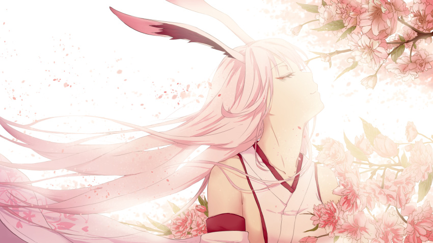 1girl, animal_ears, bare_shoulders, cherry_blossoms, chinese_commentary, closed_eyes, closed_mouth, commentary_request