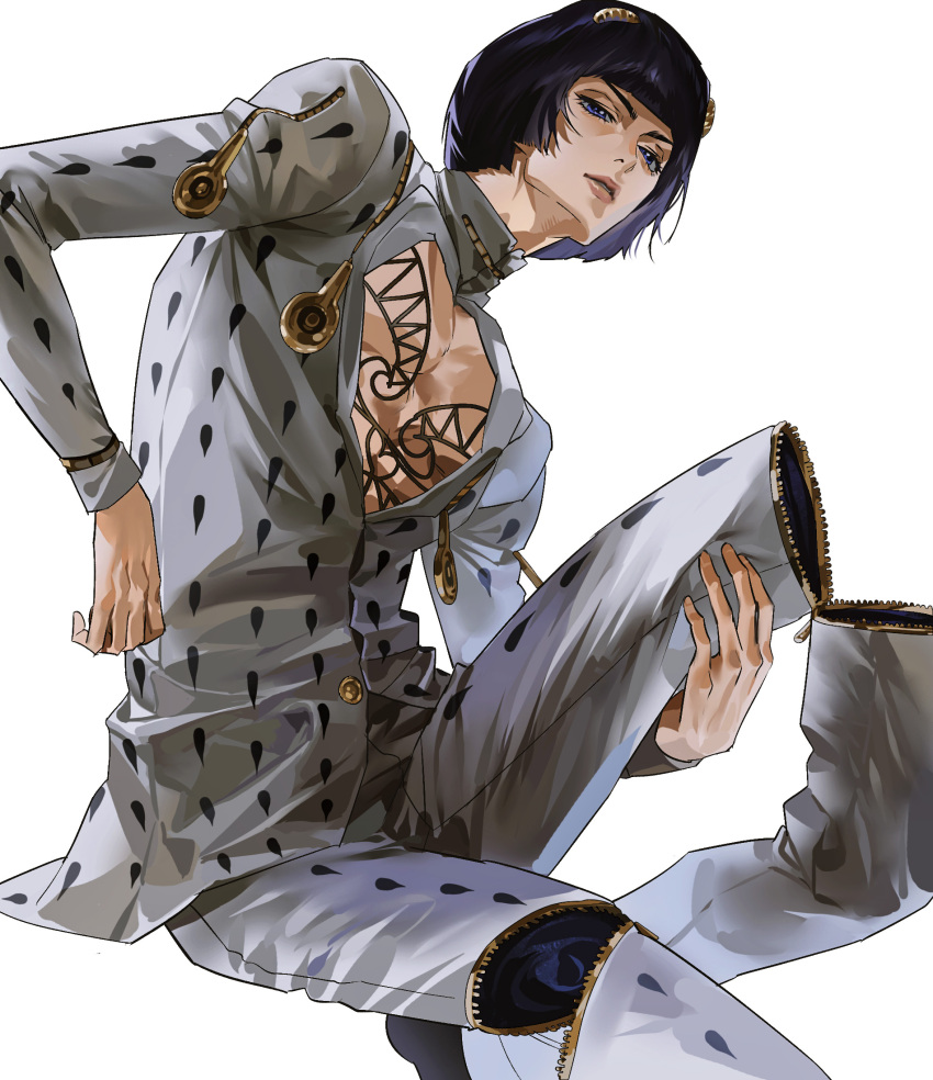 1boy, bare_pectorals, black_hair, blunt_bangs, blunt_ends, bruno_bucciarati, cleavage_cutout, closed_mouth, clothing_cutout, collared_jacket, corraboar, highres, jacket, jojo_no_kimyou_na_bouken, long_sleeves, looking_at_viewer, male_focus, pants, pectorals, short_hair, simple_background, solo, suit, suit_jacket, unzipped, vento_aureo, white_background, zipper