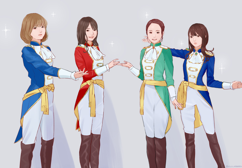 4girls, amamiya_sora, ascot, blue_coat, boots, brown_boots, brown_eyes, brown_hair, closed_mouth, coat, commentary_request, cosplay, etoile_brilliant_(idolmaster), green_coat, grey_background, grin, highres, idolmaster, idolmaster_million_live!, idolmaster_million_live!_theater_days, kitazawa_shiho, kitazawa_shiho_(cosplay), kouri_arisa, long_hair, long_sleeves, looking_at_viewer, multiple_girls, nico-chu, pants, real_life, red_coat, sakuramori_kaori, sakuramori_kaori_(cosplay), short_hair, smile, sparkle, standing, suwa_ayaka, tanaka_kotoha, tanaka_kotoha_(cosplay), taneda_risa, tokugawa_matsuri, tokugawa_matsuri_(cosplay), voice_actor, voice_actor_connection, white_ascot, white_pants