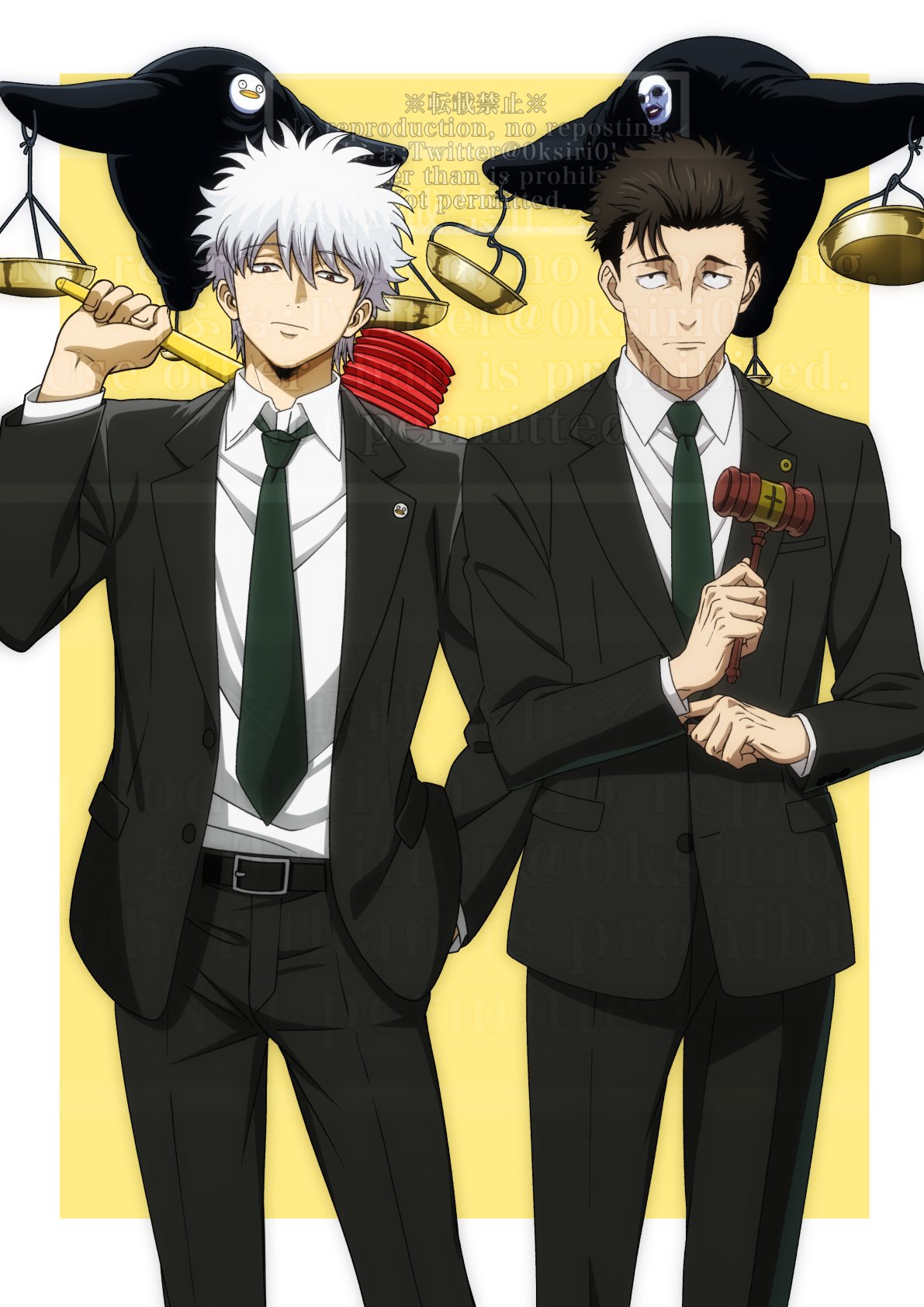 0ksiri0, 2boys, black_necktie, black_suit, commentary_request, gintama, hammer, highres