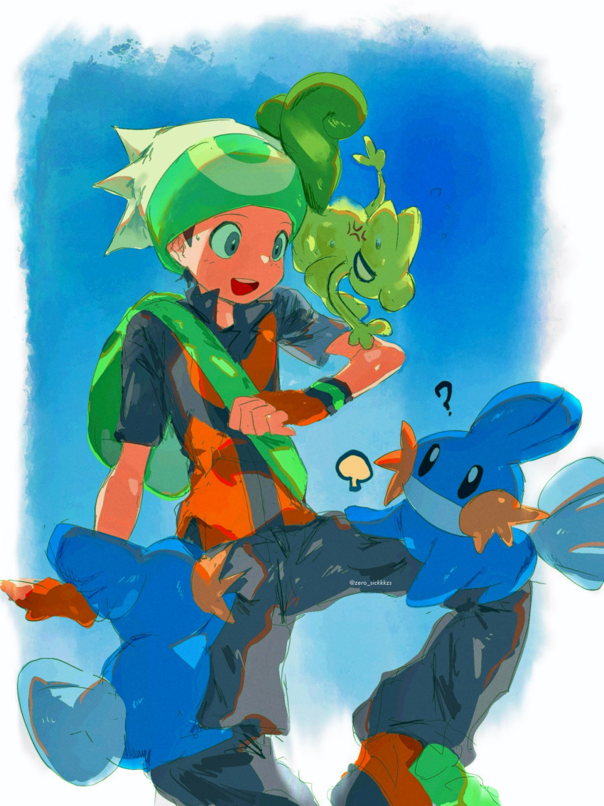 1boy, :d, ?, anger_vein, bag, beanie, black_eyes, blue_background
