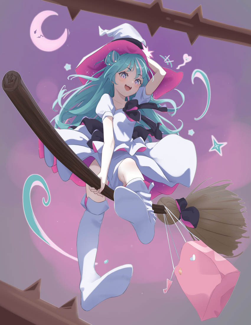 absurdres, bag, broom, broom_riding, commentary_request, grey_eyes, hair_bun, hat