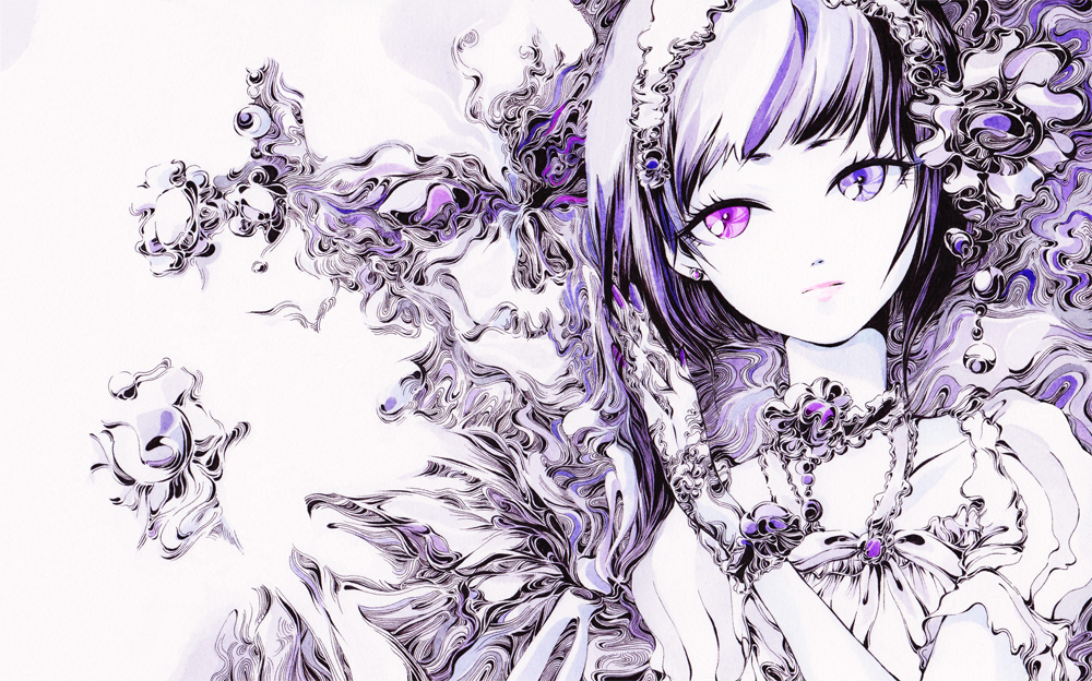 close, dress, earring, earrings, gloves, hair_bow, hairband, heterochromia, jewelry, lipstick, long_hair, makeup, monochrome, nail_polis, nail_polish, original, pink_eyes, purple, purple_eyes, purple_hair, short_hair, solo, violet_eyes