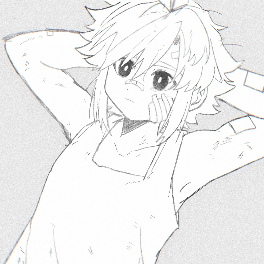 1boy, :|, alternate_universe, antenna_hair, arms_behind_head, arms_up, bandaid, bandaid_on_face, bandaid_on_nose, bare_arms, bare_shoulders, bright_pupils, chara_(undertale), child, chinese_commentary, chromatic_aberration, closed_mouth, collarbone, commentary_request, double-parted_bangs, expressionless, film_grain, flipped_hair, gauze, gauze_on_cheek, greyscale, hair_between_eyes, hanbaobaobaozhu, highres, light_frown, looking_ahead, lying, male_focus, monochrome, on_back, short_hair, sidelocks, simple_background, solo, tank_top, tareme, undertale, upper_body, utdr_(toby_fox), xtale