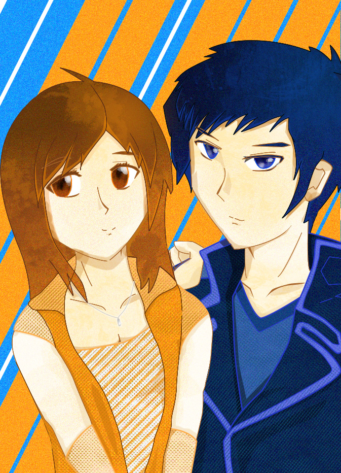 blue_eyes, blue_hair, brown_hair, couple, necklace, original, short_hair, tappei