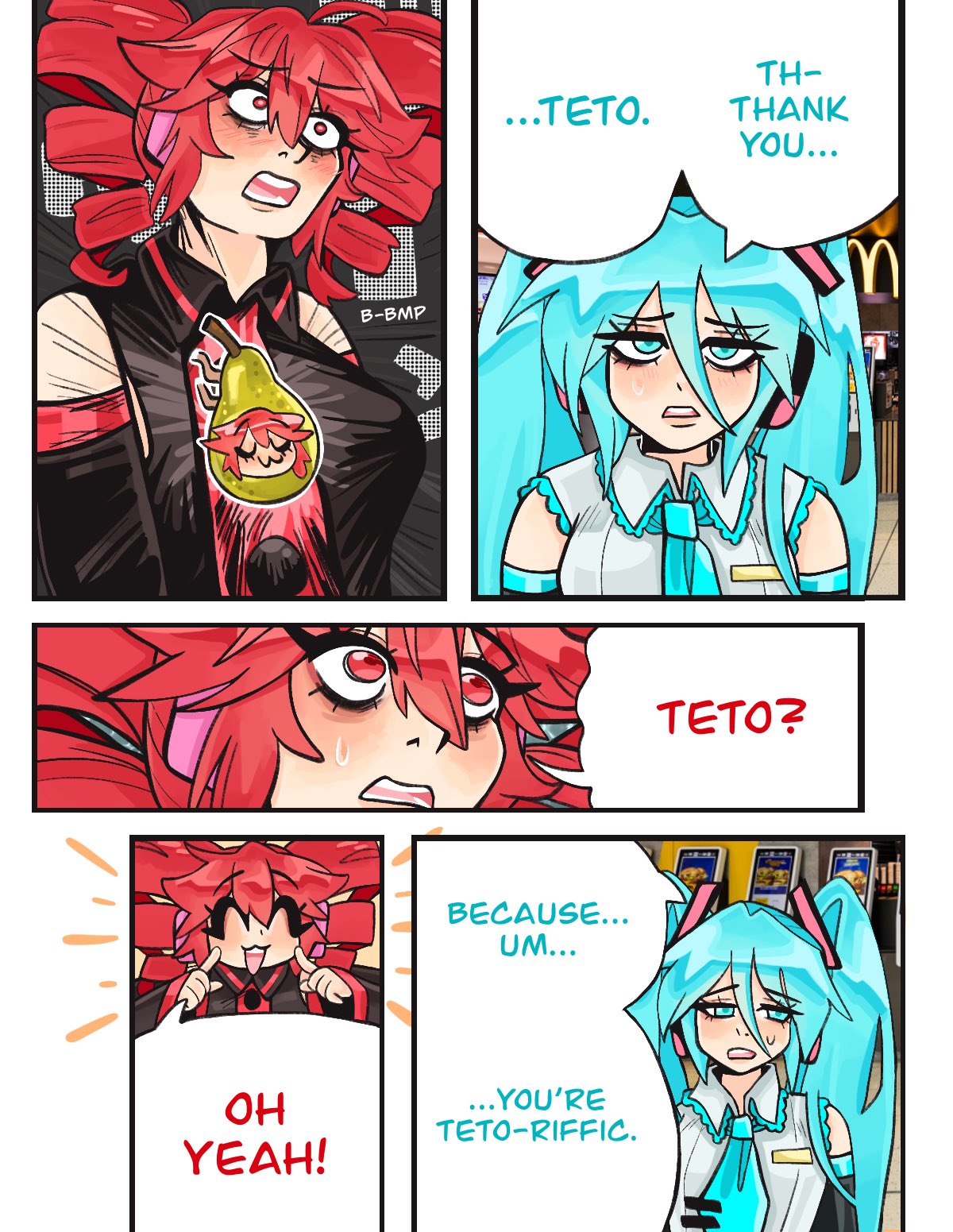 ?, aqua_eyes, aqua_hair, aqua_necktie, bare_shoulders, black_shirt, black_sleeves, breasts, chainsaw_man, commentary, detached_sleeves, drill_hair, english_text, hatsune_miku, high_collar, highres, kasane_teto, kecchi0, large_breasts, long_hair, mcdonald's, meme, necktie, open_mouth, red_eyes, red_hair, shirt, short_hair, sleeveless, sleeveless_shirt, speech_bubble, striped_clothes, striped_shirt, sweatdrop, talking, teeth, thank_you_chainsaw_man_(meme), tie_clip, twin_drills, twintails, upper_teeth_only, utau, vertical-striped_clothes, vertical-striped_shirt, vocaloid, white_shirt