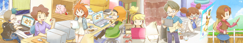 3boys, 5girls, absurdres, amanita_(pokemon), aqua-framed_eyewear, aqua_hair, at_computer, bebe_(pokemon)