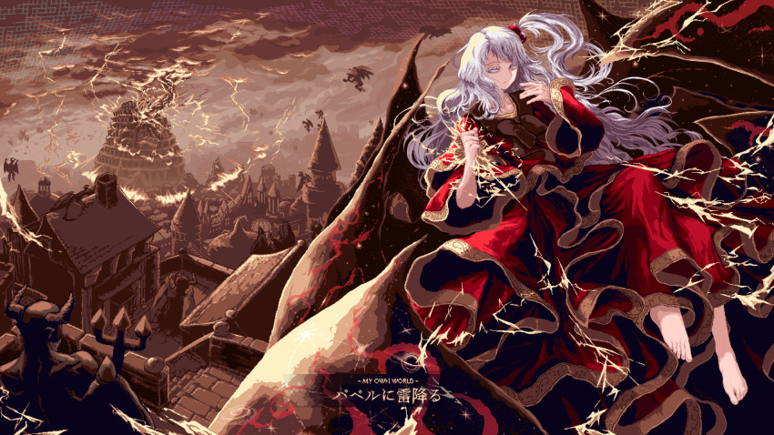 1girl, bald, barefoot, black_bow, bow, capelet, cityscape, clenched_hand