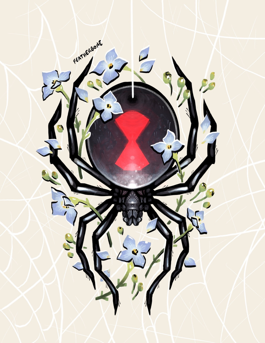 animal_focus, artist_name, black_widow_(spider), blue_flower, bug, commentary, english_commentary, feather-bone
