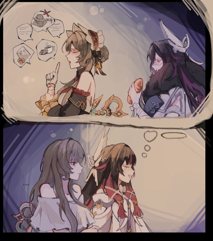 ..., 2girls, arm_ribbon, bare_shoulders, black_collar, black_hair, black_sleeves, blue_eyes, bonnet, bow, bowtie, braid, braided_bun, bread, breasts, brown_hair, bun_with_braided_base, closed_eyes, closed_mouth, coat, collar, columbina_(genshin_impact), commentary, cookie, cup, detached_collar, detached_sleeves, dress, eni_(enidaisy69), eye_mask, fatui_coat, food, fur-trimmed_coat, fur-trimmed_hood, fur_hood, fur_trim, genshin_impact, gloves, hair_bun, hair_ornament, hair_ribbon, hair_undone, head_wings, headdress, highres, hood, imagining, long_hair, long_sidelocks, long_sleeves, mask, mora_(genshin_impact), multicolored_hair, multiple_girls, multiple_wings, nightgown, open_mouth, paper, purple_hair, purple_streaks, ribbon, sandrone_(genshin_impact), see-through_clothes, see-through_mask, short_hair, short_hair_with_long_locks, sidelocks, smile, speech_bubble, squeans, streaked_hair, tea, teacup, thought_bubble, two-tone_hair, untranslatable_commentary, upper_body, very_long_hair, white_coat, white_dress, white_headdress, white_mask, white_wings, winding_key, wing_hair_ornament, wings, winter_clothes, winter_coat, wrist_bow, x-shaped_eyewear