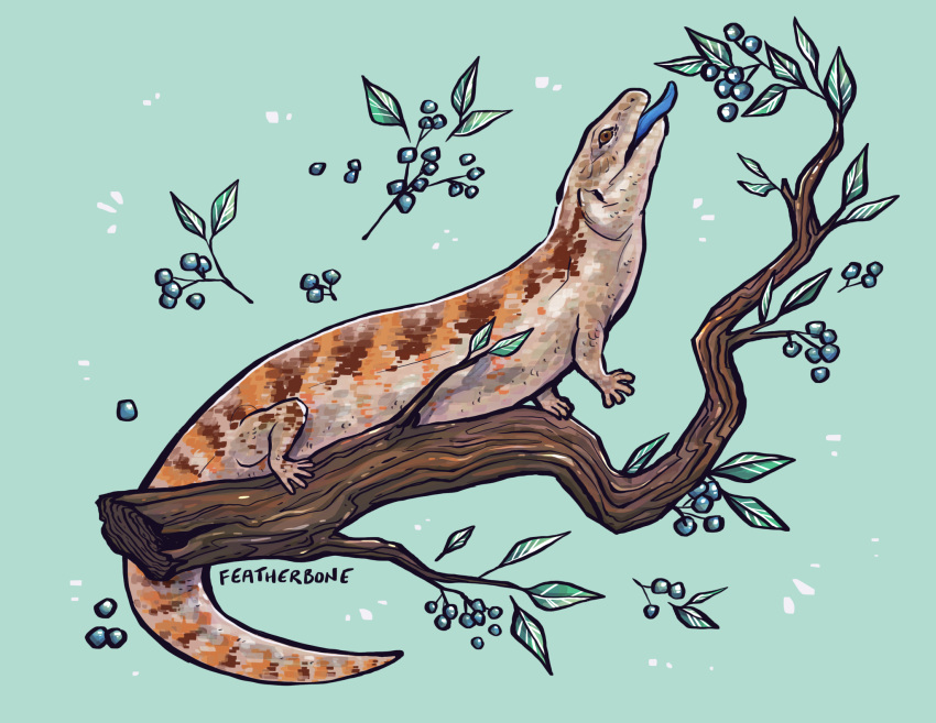 animal_focus, artist_name, blue-tongued_skink, blue_tongue, branch, colored_tongue, feather-bone, green_background