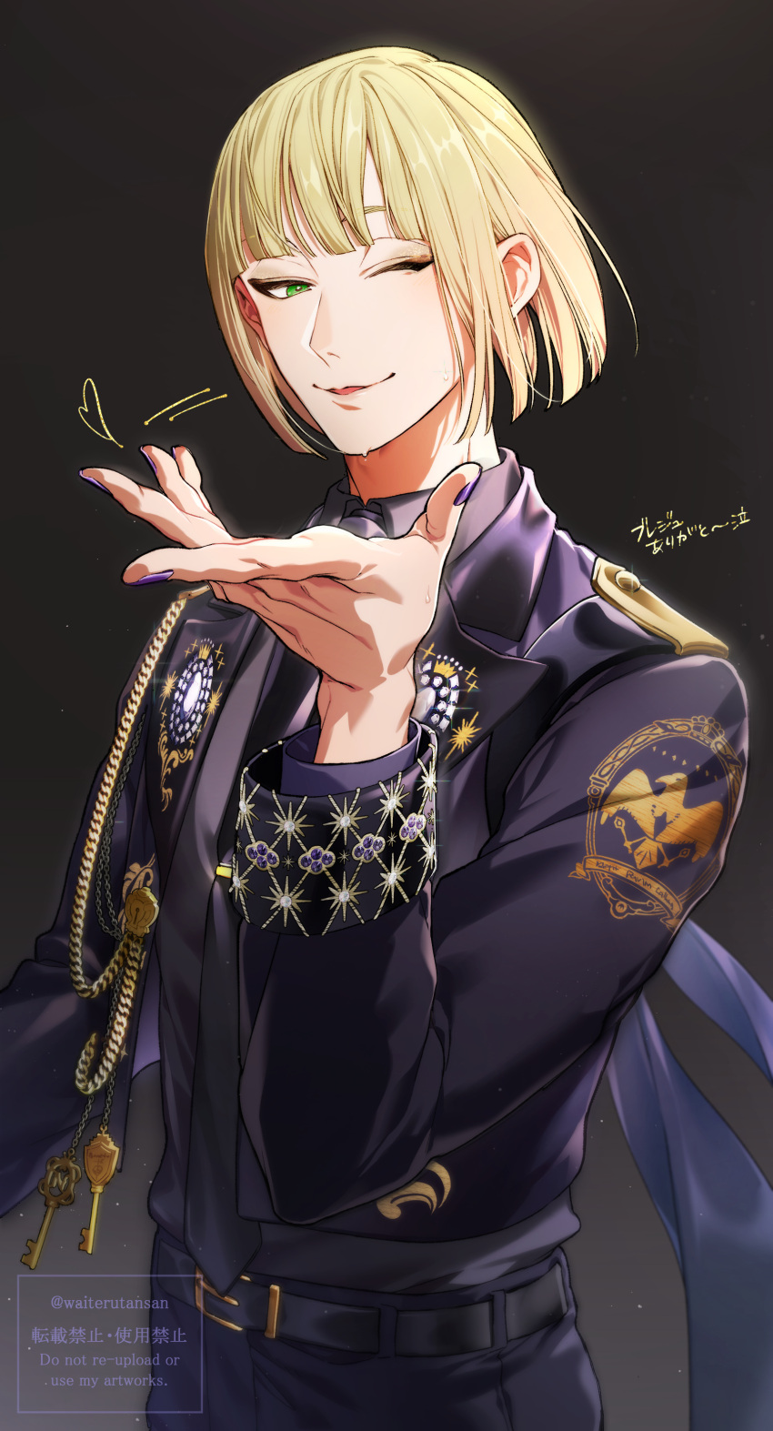 1boy, absurdres, belt, black_belt, black_jacket, black_necktie, black_pants, black_skirt, blazing_jewel_(twisted_wonderland), blonde_hair, blowing_kiss, bob_cut, commentary, formal_clothes, gold_eyeshadow, green_eyes, grey_background, hand_up, heart, highres, idol, jacket, key, kiss, long_sleeves, male_focus, nail_polish, necktie, one_eye_closed, pants, purple_nails, rook_hunt, short_hair, simple_background, skirt, solo, twisted_wonderland, untranslatable_commentary, upper_body, waiterutansan